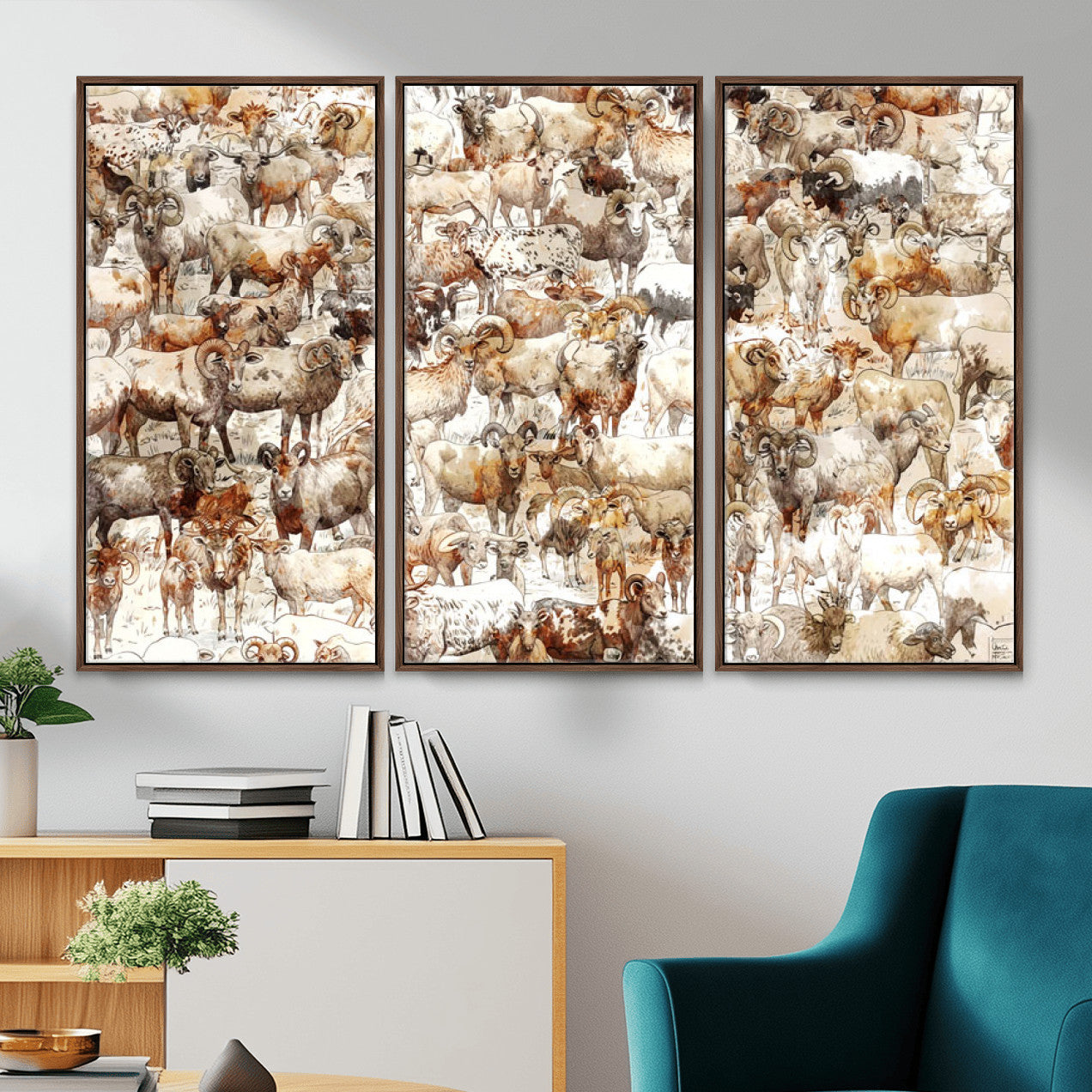 95103864-MGV-CV-36X24 - Farmhouse Animals Wall Art Canvas Print - Abstract Farm Animal Drawing Mid-Century Wall Art for Cabin Decor