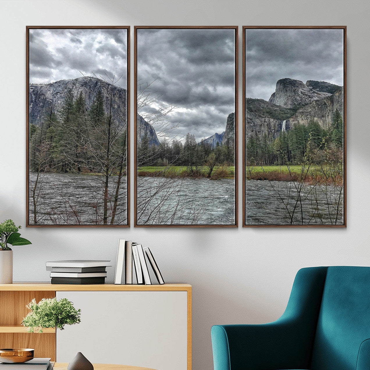 75582552-MGV-CV-36X24 - Yosemite Valley River Landscape Wall Art Canvas Print, Granite Cliffs Forest River Canvas Print, California National Park Moody Scenic Art Printi
