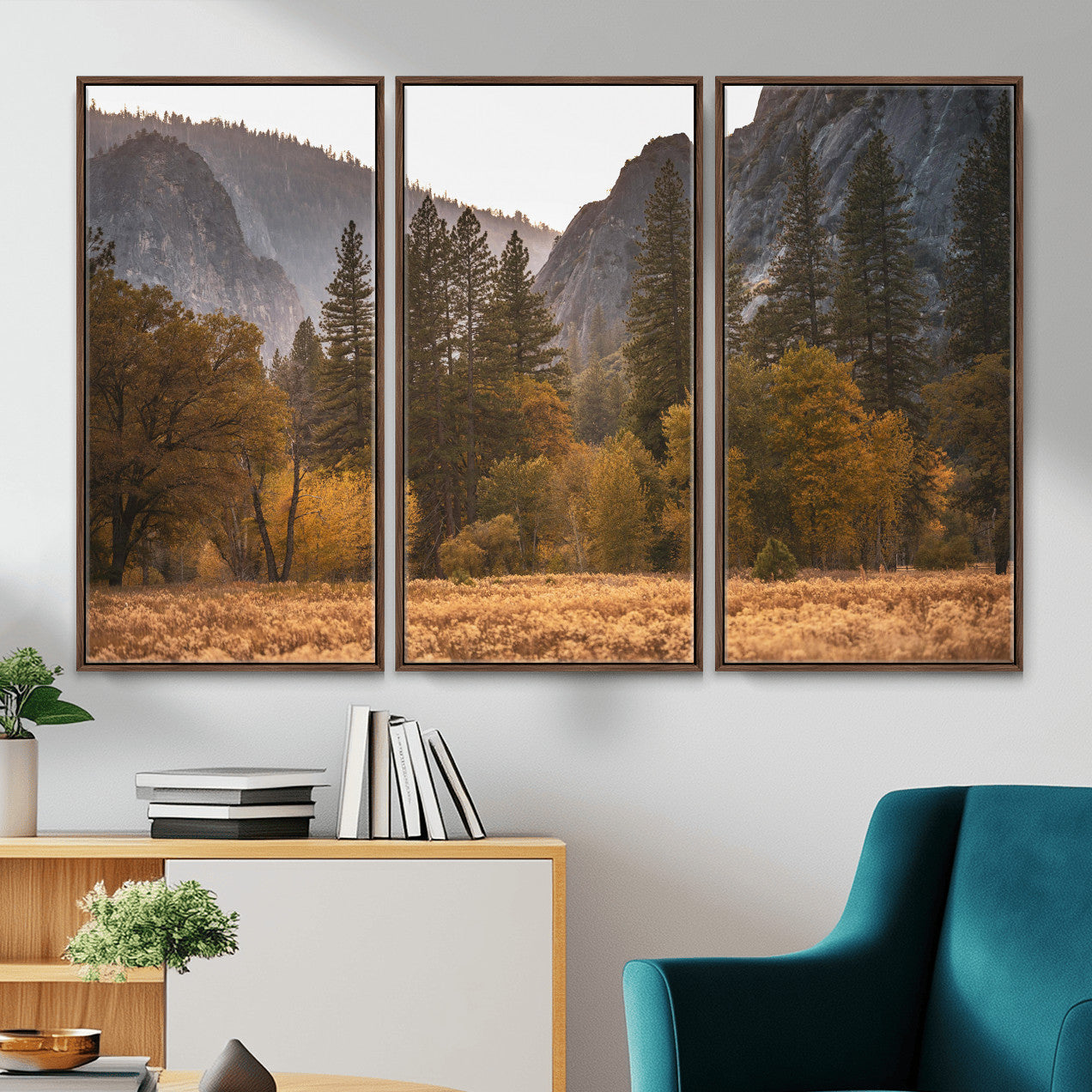 61682763-MGV-CV-36X24 - Yosemite Valley Autumn Forest Landscape Wall Art Canvas Print, Granite Mountain Pine Trees Canvas Print, California National Park Fall Scenic Art Printing