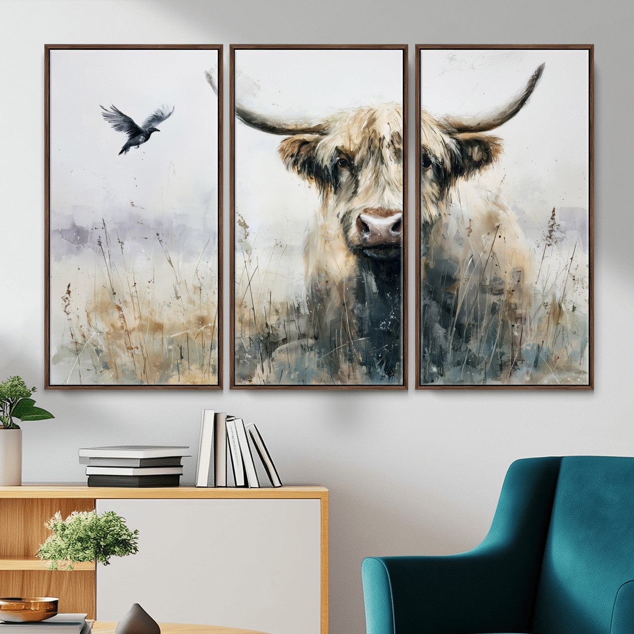 55652651-MGV-CV-36X24 - Abstract Highland Cow Watercolor Animal Wall Art Canvas Print, Rustic Farm Cattle Portrait Canvas Print, Neutral Wildlife Farmhouse Art Printing