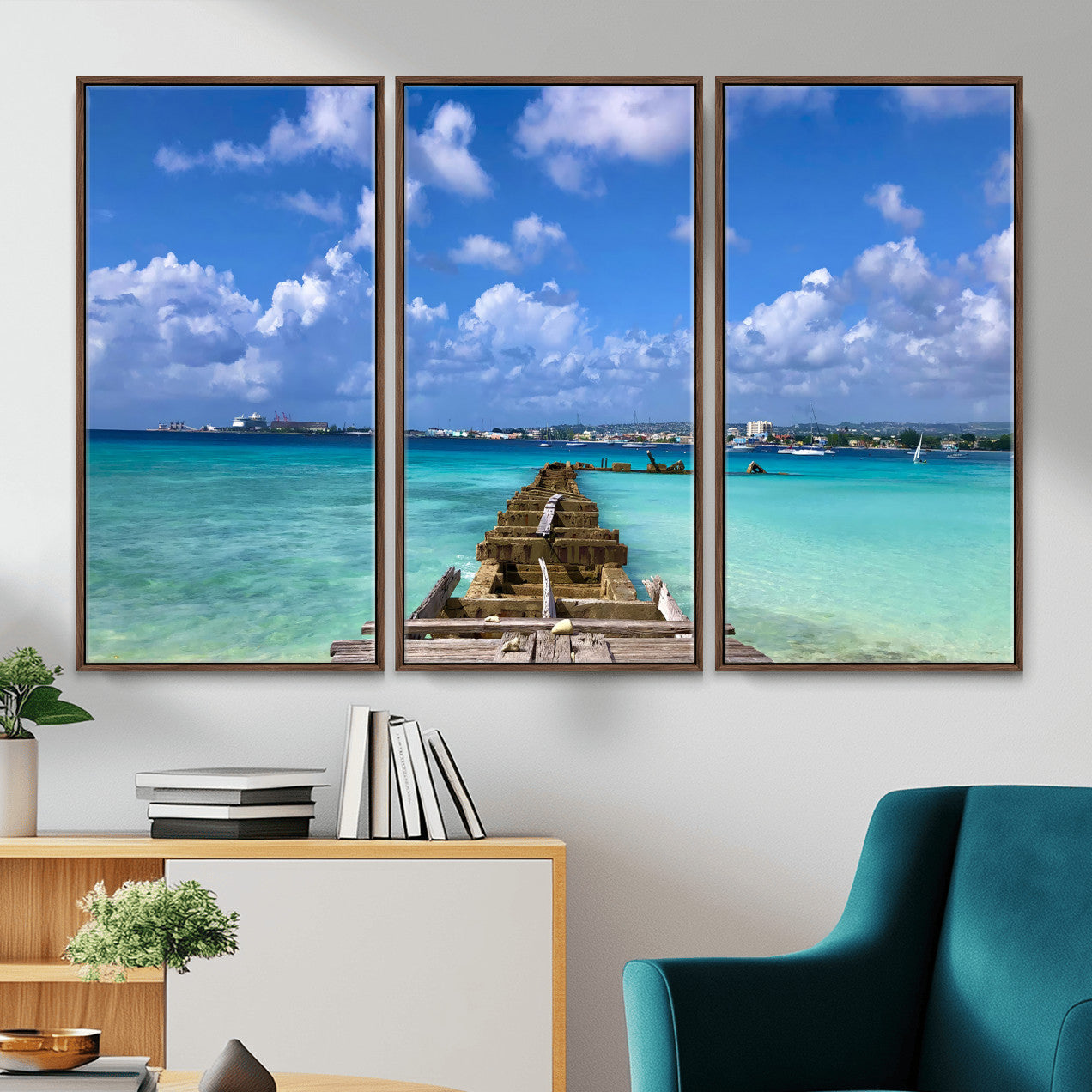 43165024-MGV-CV-36X24 - Caribbean Ocean Pier Seascape Wall Art Canvas Print, Turquoise Sea Tropical Harbor Canvas Print, Island Coastal Blue Water Scenic Art Printing