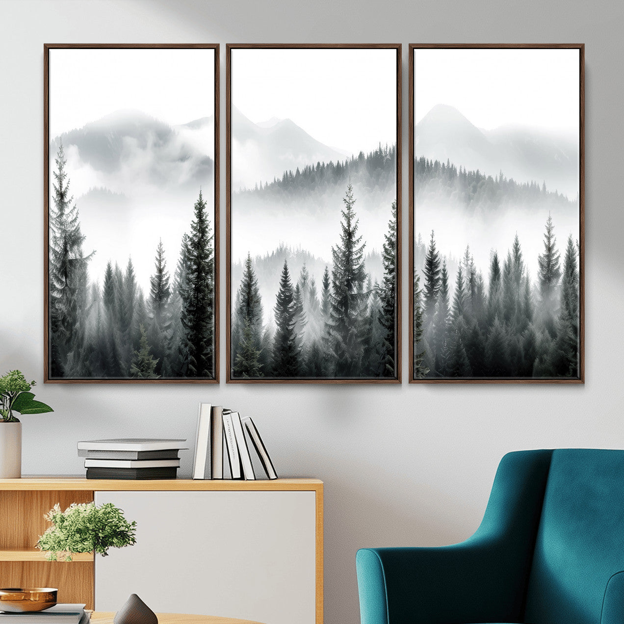 38819032-MGV-CV-36X24 - Misty Pine Forest Mountain Landscape Wall Art Canvas Print, Foggy Evergreen Trees Minimal Nature Canvas Print, Monochrome Wilderness Scenic Art Printing