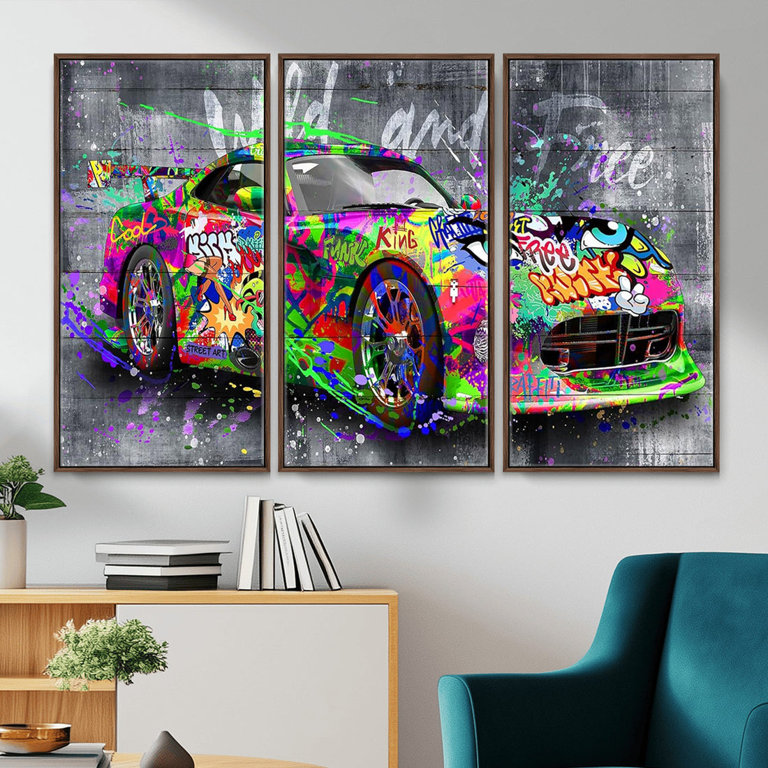 Graffiti Sports Car Street Art Wall Art Canvas Print, Colorful Urban Pop Art