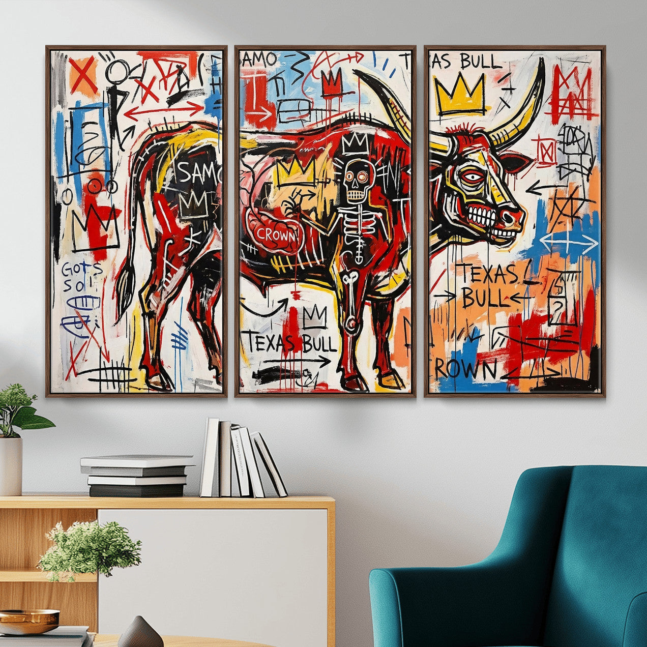 89504579-MGV-CV-36X24 - TITLE: Texas Bull Wall Art Canvas Print, Abstract Graffiti Bull Painting, Western Animal Art, Modern Ranch Decor