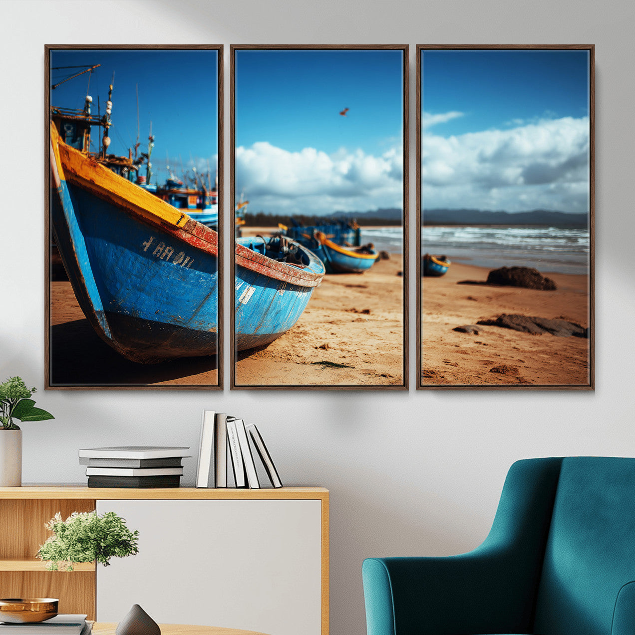 70925201-MGV-CV-36X24 - Fishing Boats Wall Art Canvas Print, Coastal Boat Beach Scene, Nautical Seaside Artwork, Ocean Shore Decor, Coastal Home Wall Art