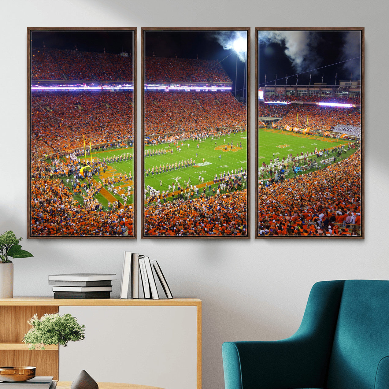 43662631-MGV-CV-36X24 - Clemson Football Stadium Wall Art Canvas Print, College Football Crowd Night Game Scene, Orange Stadium Panorama Wall Decor