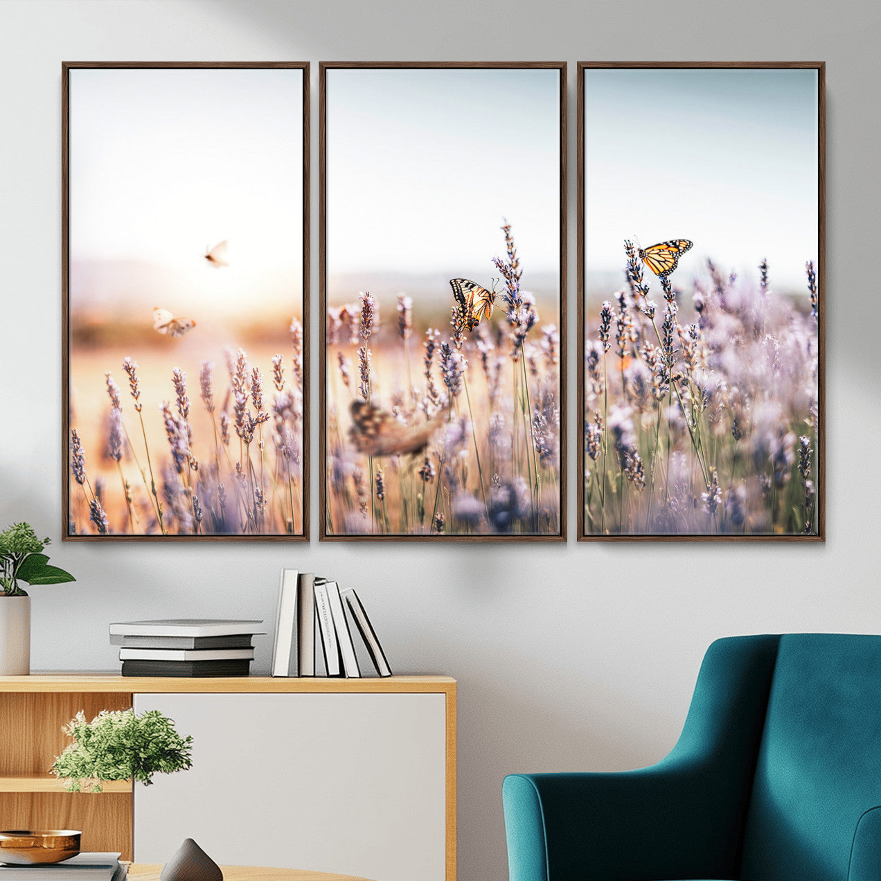 46417478-MGV-CV-36X24 - Lavender Field Wall Art Canvas Print, Butterfly Floral Landscape Art, Soft Nature Wall Decor for Bedroom