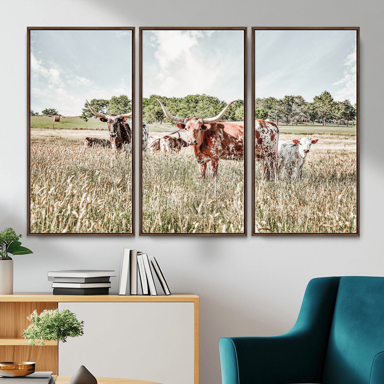 33963645-MGV-CV-36X24 - Texas Longhorn Cattle Wall Art Canvas Print, Western Ranch Landscape Nature Wall Decor for Living Room and Office