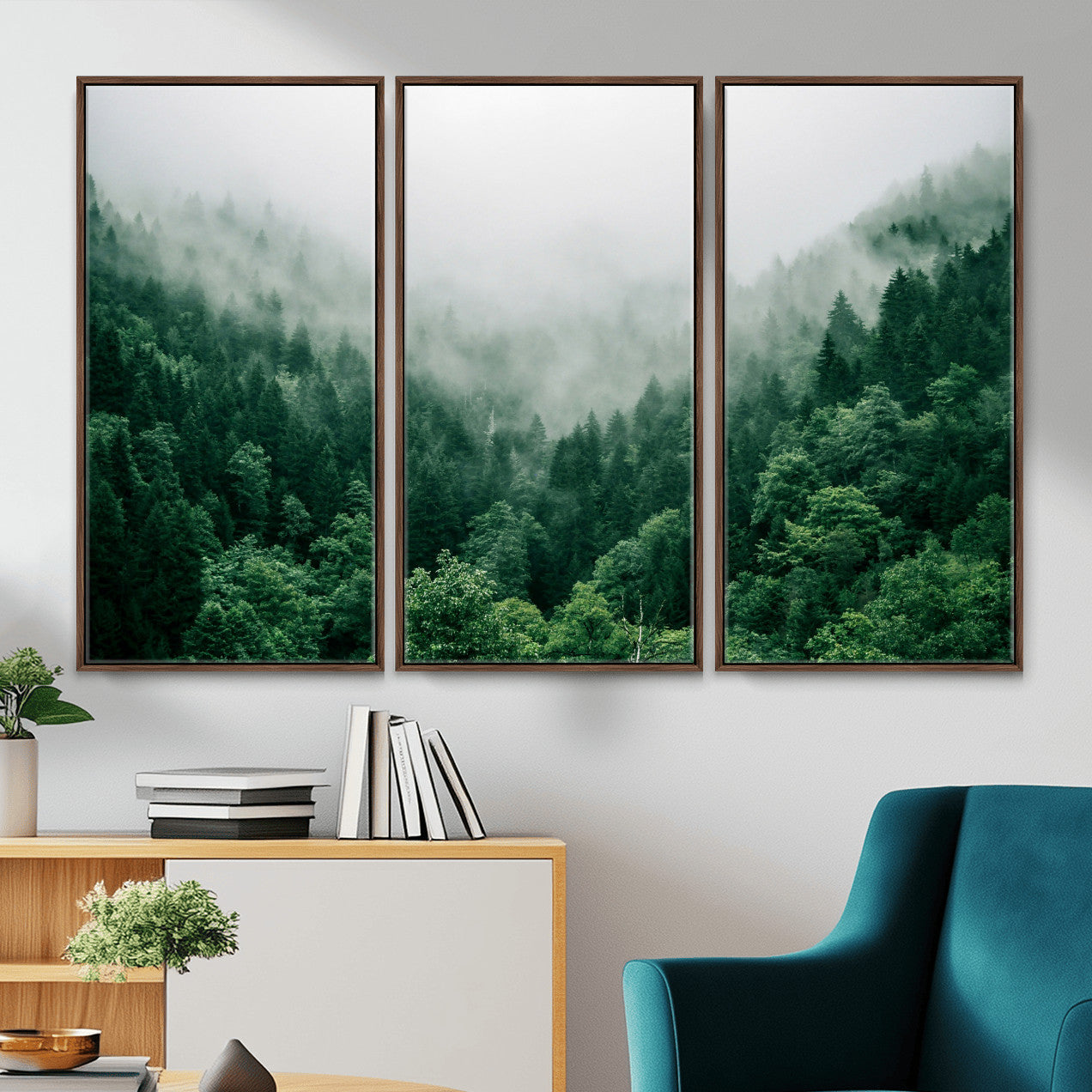 61640815-MGV-CV-36X24 - Misty Pine Forest Wall Art Canvas Print, Foggy Evergreen Landscape Wall Decor, Moody Green Nature Artwork, Minimal Forest Canvas Wall Art, Framed Canvas Wall Art Ready to Hang