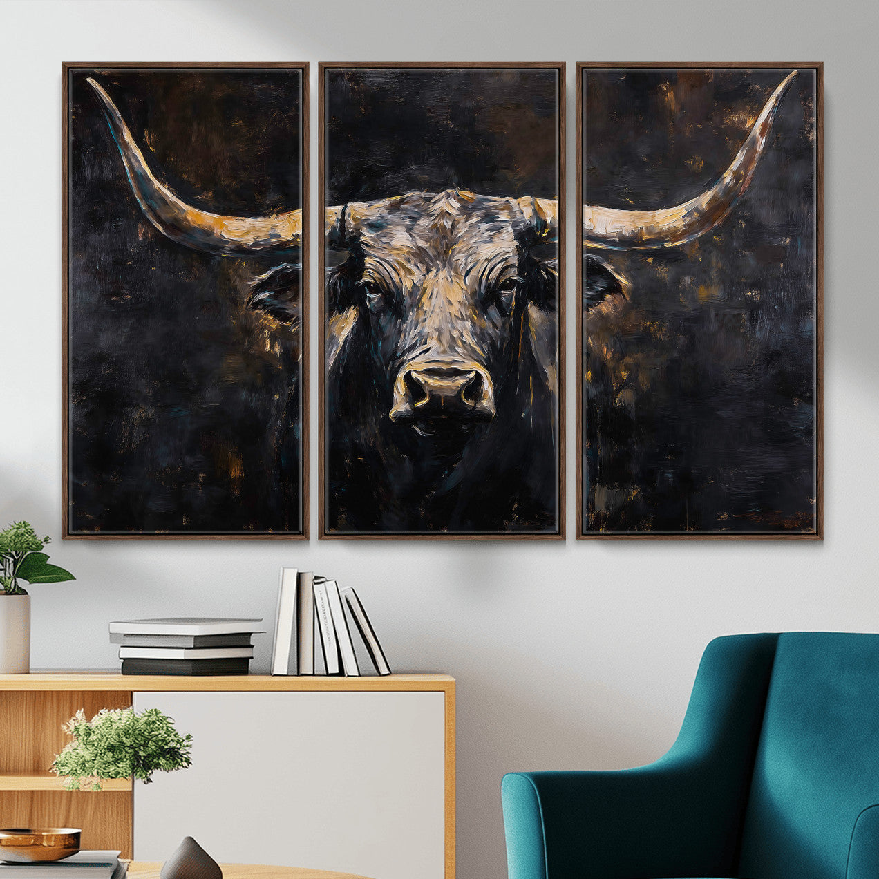 17622011-MGV-CV-36X24 - Abstract Longhorn Bull Wall Art Canvas Print – Dark Rustic Western Cattle Artwork for Farmhouse, Ranch, Cabin, and Office Decor