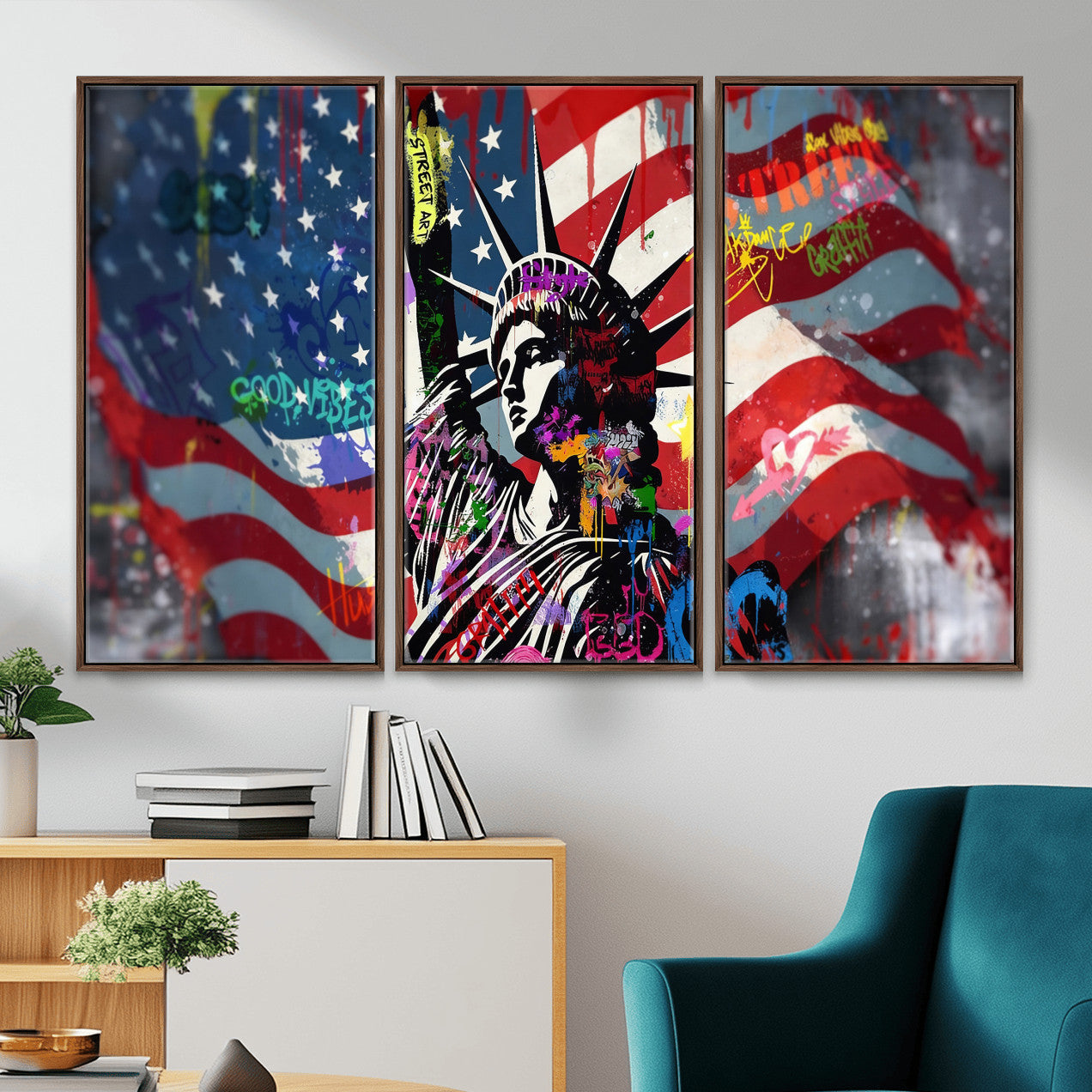 32151941-MGV-CV-36X24 - USA Statue of Liberty Graffiti Street Art Wall Art Canvas Print, American Flag Urban Pop Art Canvas Print, Modern Patriotic Street Art Contemporary Art Printing