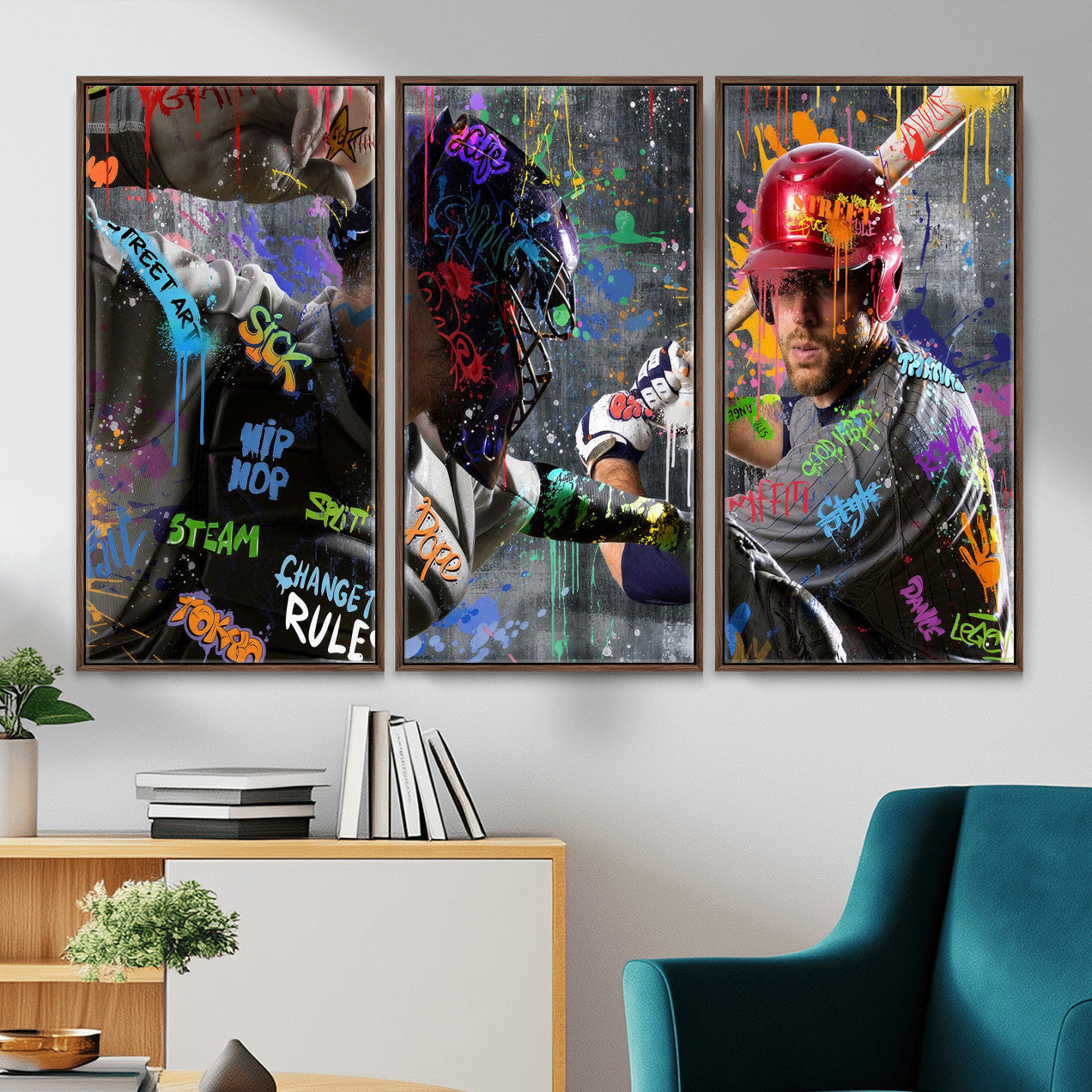 19634994-MGV-CV-36X24 - Graffiti Baseball Player Street Art Wall Art Canvas Print, Urban Sports Pop Art Baseball Canvas Print, Modern Athletic Graffiti Contemporary Art Printing