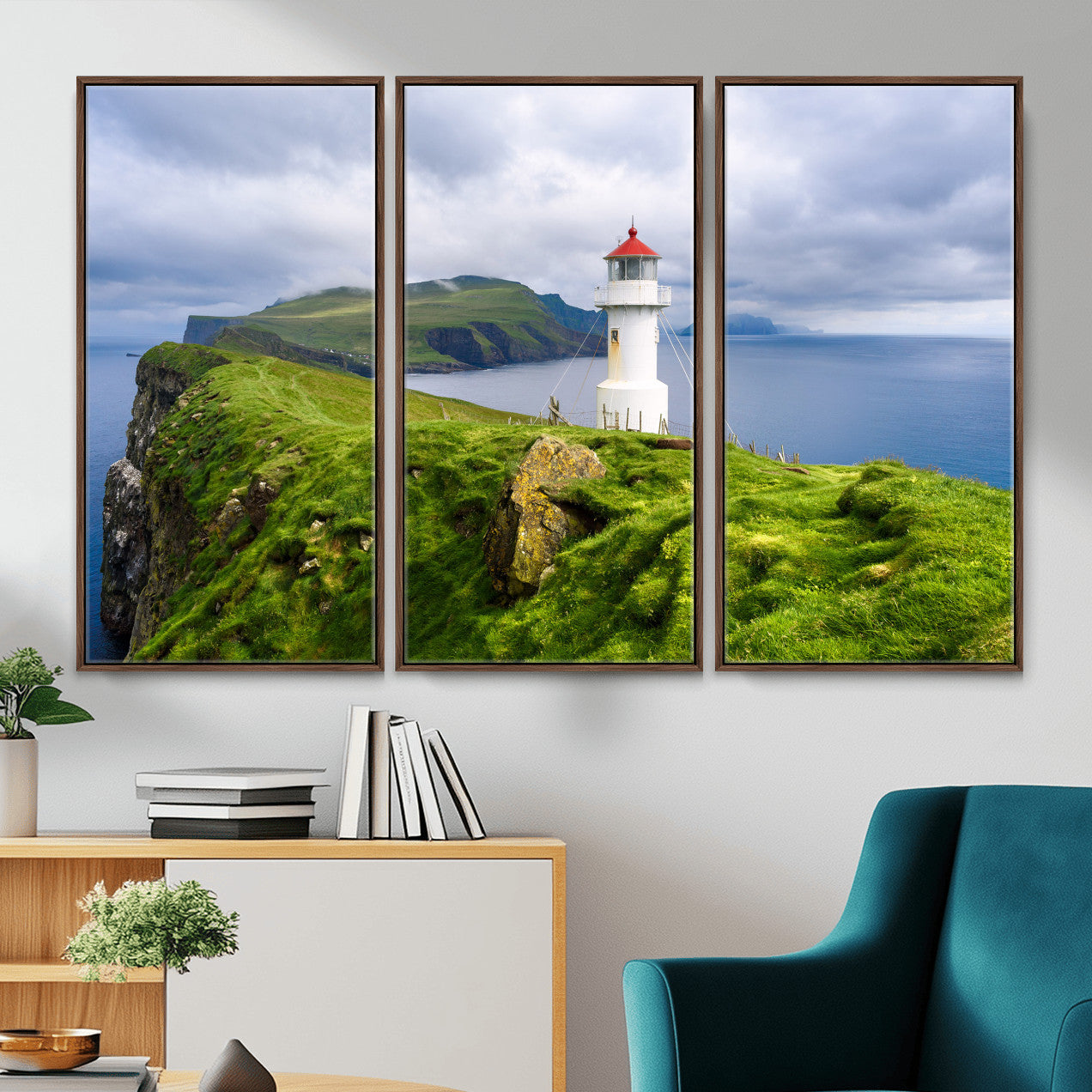 10680390-MGV-CV-36X24 - Coastal Lighthouse Wall Art Canvas Print, Cliffside Ocean Landscape Canvas Print, Scandinavian Coastal Decor for Living Room