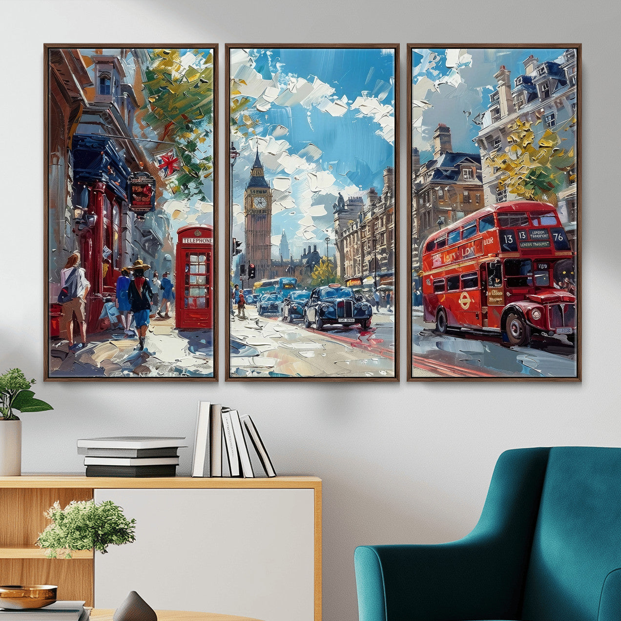 17630888-MGV-CV-36X24 - Modern London City Street Wall Art Canvas Print, Big Ben & Red Bus Artwork Canvas Print