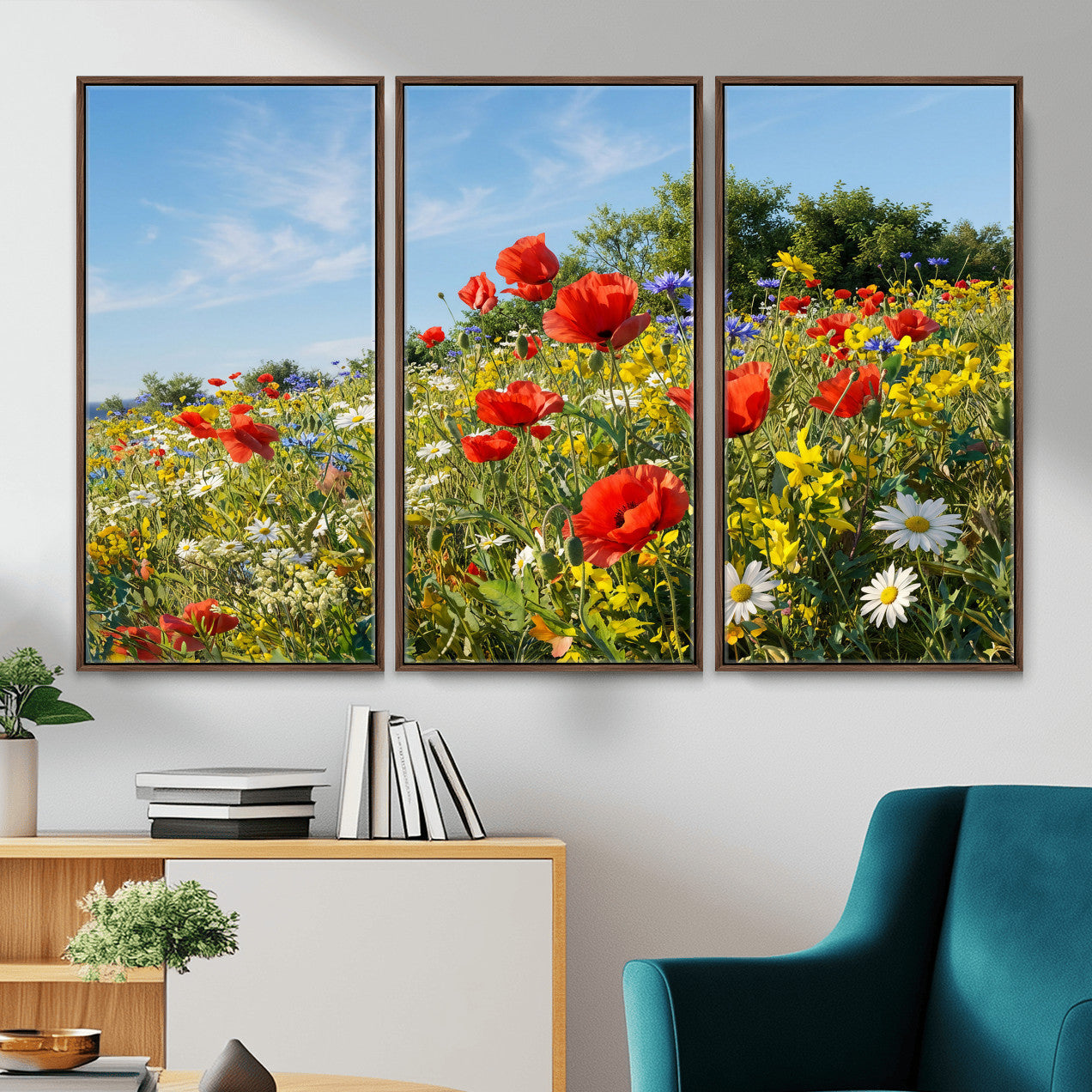 38570784-MGV-CV-36X24 - Wildflower Meadow Wall Art Canvas Print – Colorful Poppy and Daisy Field Landscape Artwork for Living Room Decor