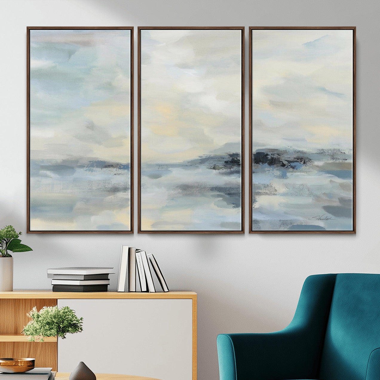 24647355-MGV-CV-36X24 - Abstract Coastal Landscape Wall Art Canvas Print – Soft Blue Gray Minimalist Painting