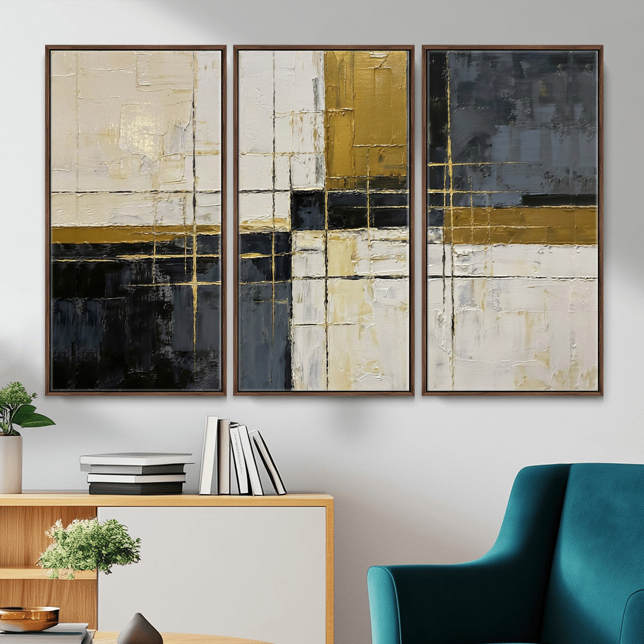 36097945-MGV-CV-36X24 - Abstract Gold and Black Wall Art Canvas Print – Modern Geometric Neutral Artwork for Living Room Decor