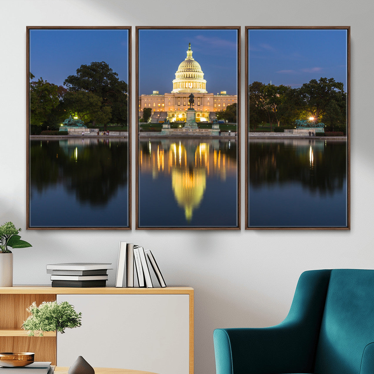 95568590-MGV-CV-36X24 - US Capitol Building Wall Art Canvas Print – Washington DC Landmark Night Reflection Artwork for Office Decor