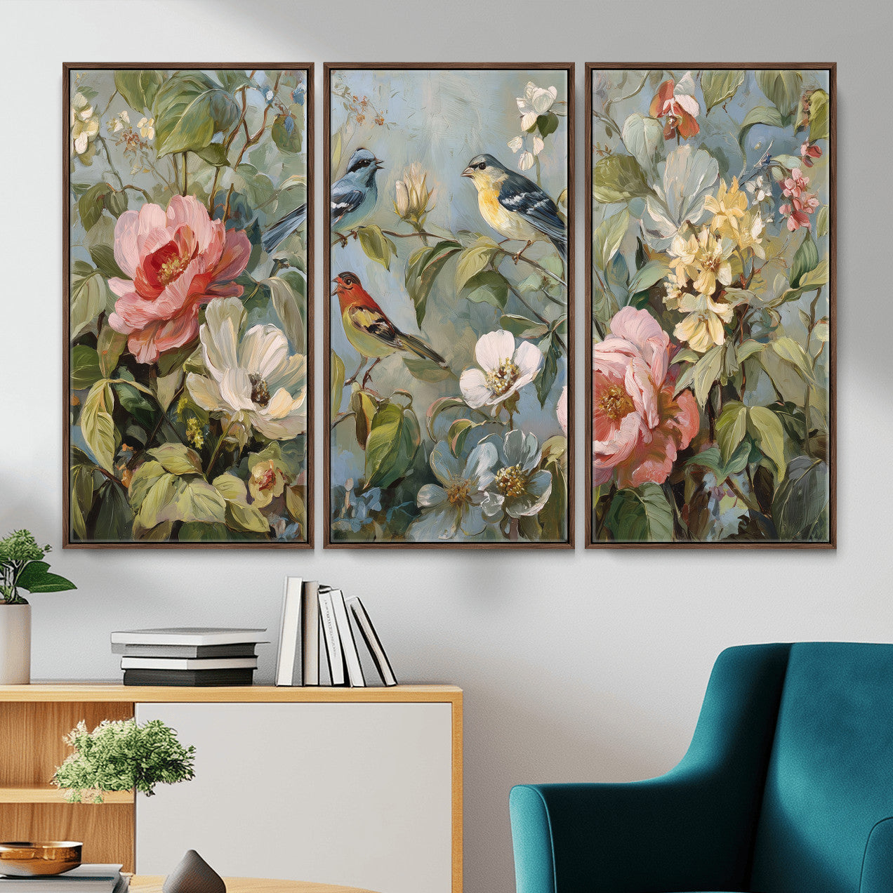 55440837-MGV-CV-36X24 - Vintage Birds and Flowers Wall Art Canvas Print, Botanical Bird Painting Canvas Print, Floral Garden Bird Artwork Canvas Print, Classic Bird Flower Painting Canvas Print