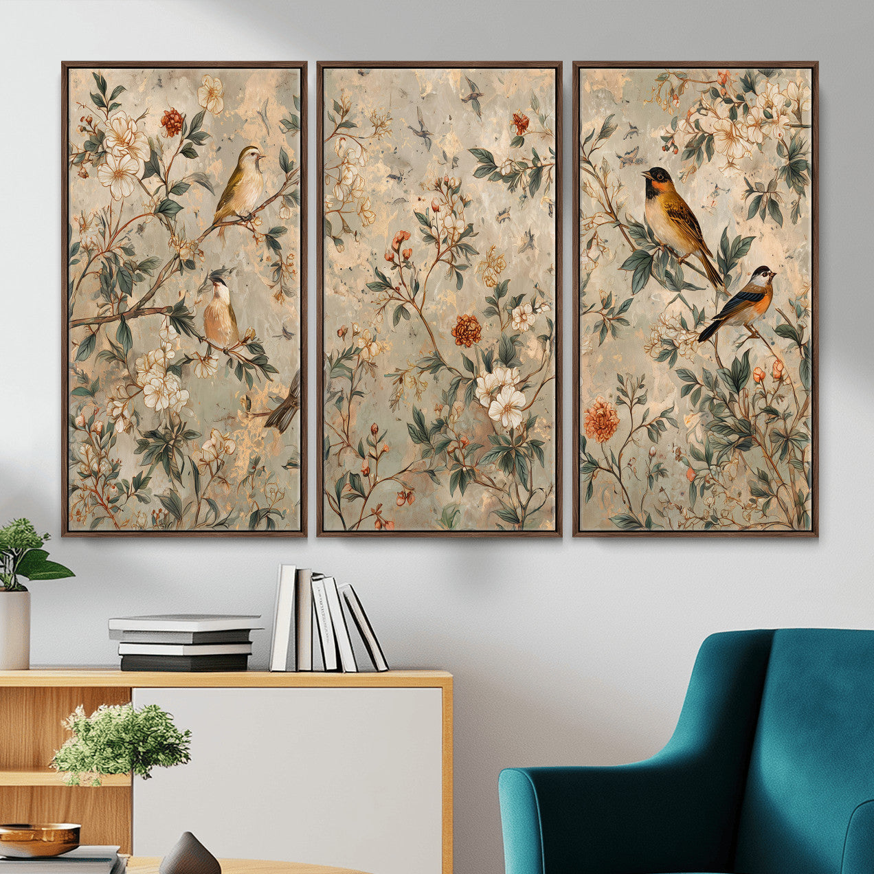 76588438-MGV-CV-36X24 - Vintage Birds and Flowers Wall Art Canvas Print, Botanical Bird Painting Canvas Print, Floral Garden Bird Artwork Canvas Print, Classic Bird Flower Painting Canvas Print