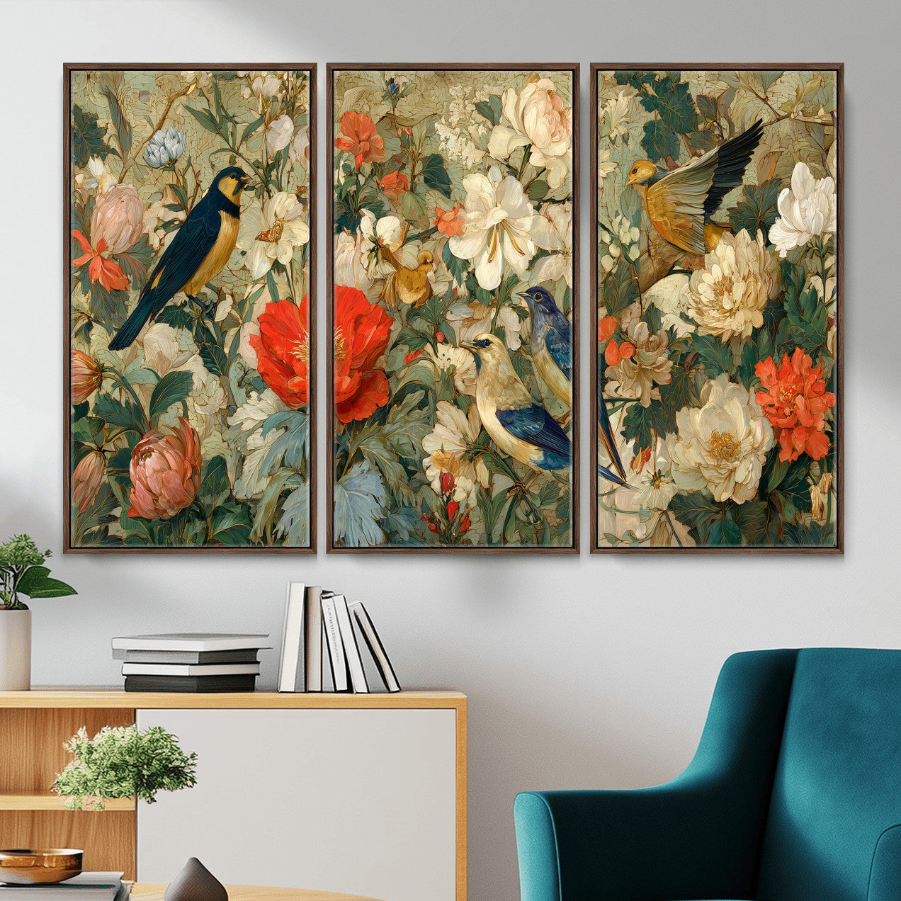 52904757-MGV-CV-36X24 - Vintage Birds and Flowers Wall Art Canvas Print, Botanical Bird Painting Canvas Print, Floral Garden Bird Artwork Canvas Print, Classic Bird Flower Painting Canvas Print