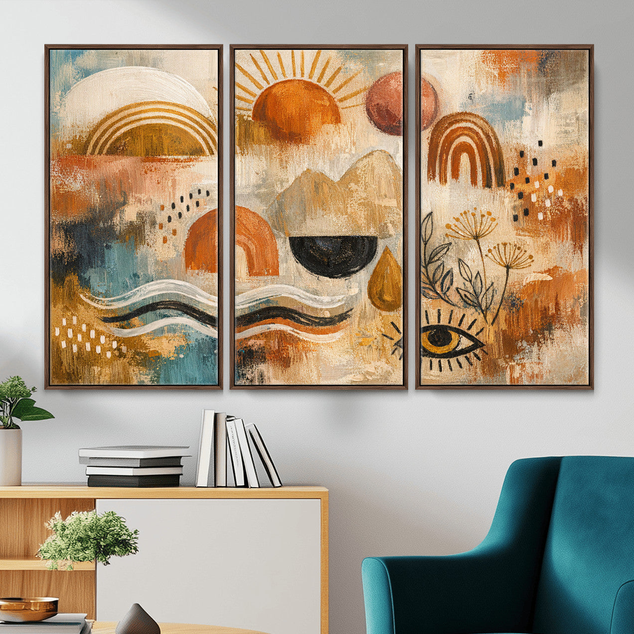 52155239-MGV-CV-36X24 - Geometric Boho Abstract Wall Art Canvas Print, Orange Blue Abstract Expressionist Painting Print, Modern Geometric Abstract Canvas Art
