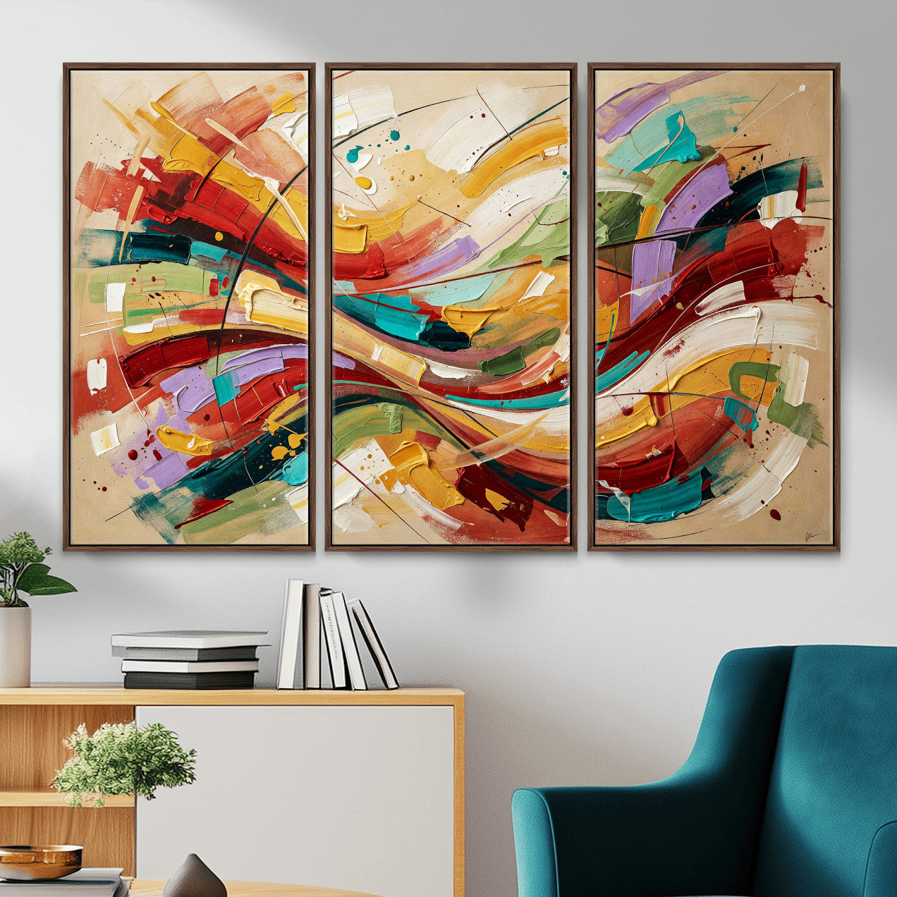 39887645-MGV-CV-36X24 - Geometric Abstract Wall Art Canvas Print, Orange Blue Abstract Expressionist Painting Print, Modern Geometric Abstract Canvas Art