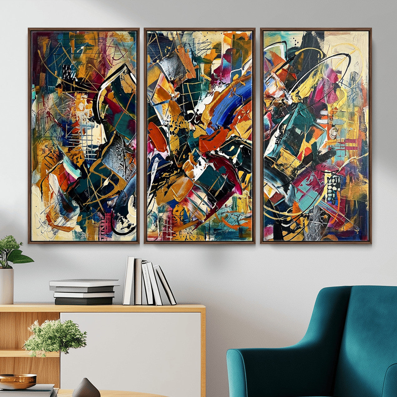 15525527-MGV-CV-36X24 - Geometric Abstract Wall Art Canvas Print, Orange Blue Abstract Expressionist Painting Print, Modern Geometric Abstract Canvas Art