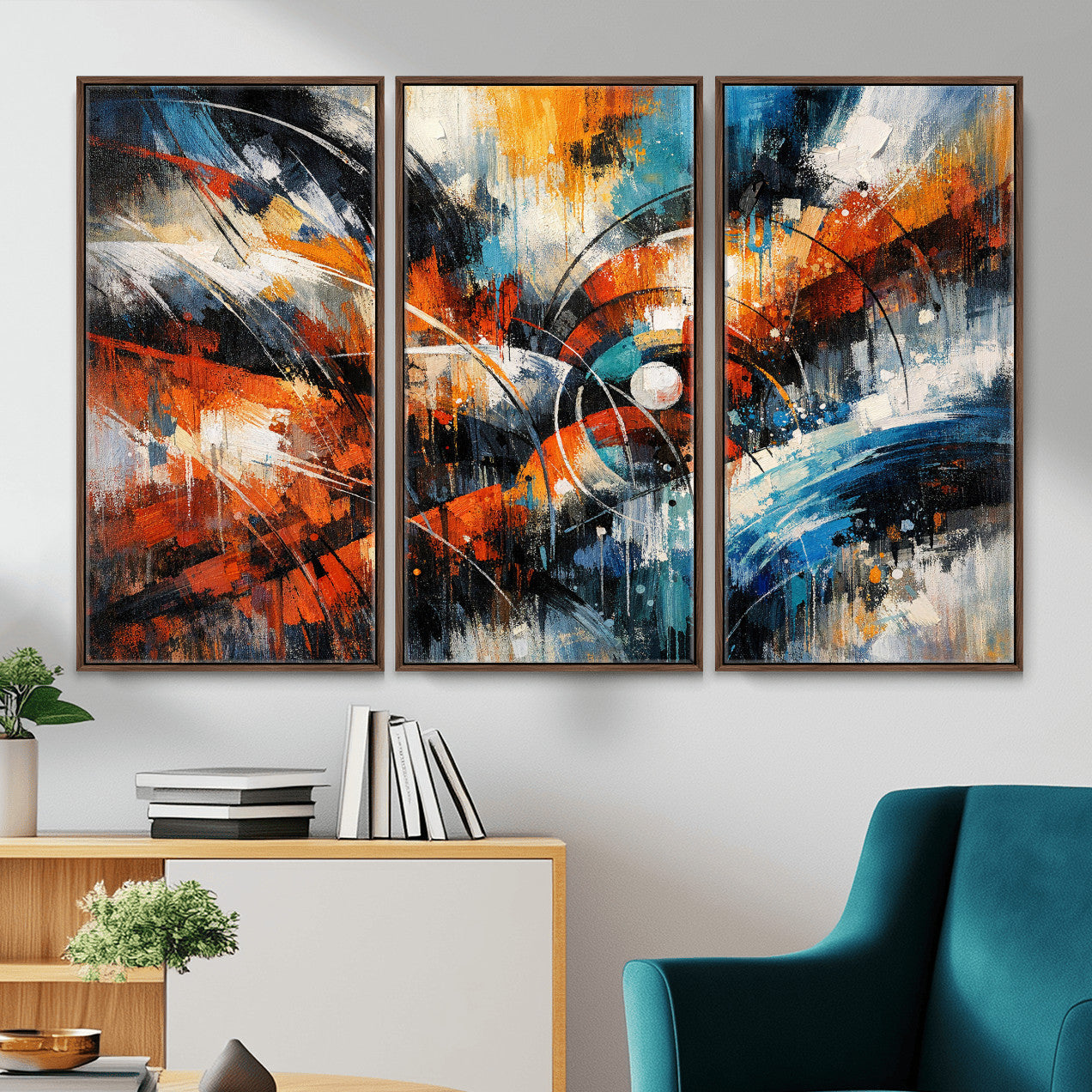 47120691-MGV-CV-36X24 - Geometric Abstract Wall Art Canvas Print, Orange Blue Abstract Expressionist Painting Print, Modern Geometric Abstract Canvas Art