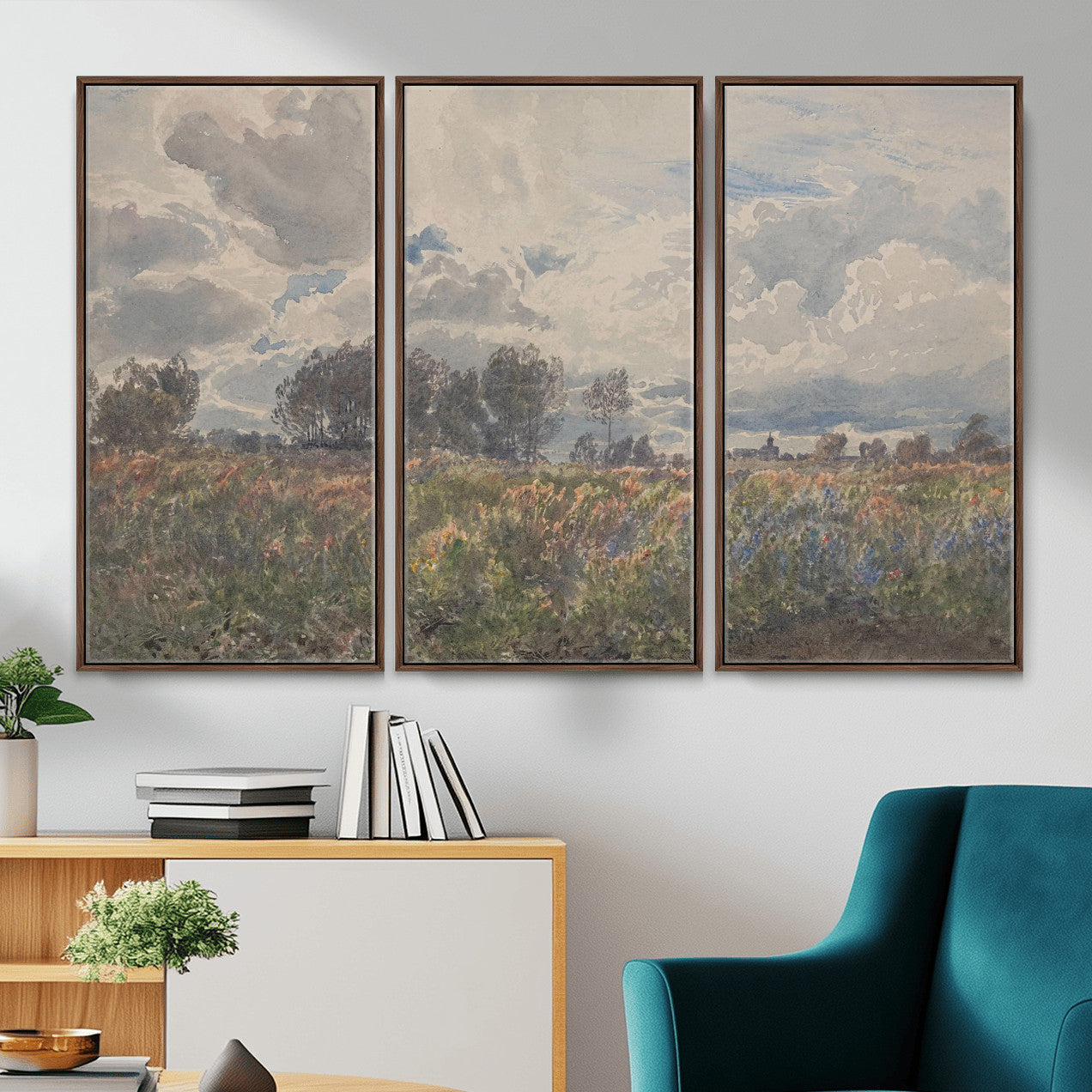 76626885-MGV-CV-36X24 - Vintage Watercolor Meadow Canvas Wall Art — English Pastoral Wildflower Storm Sky Print | Cottagecore Nature Decor | Classic Landscape Gift