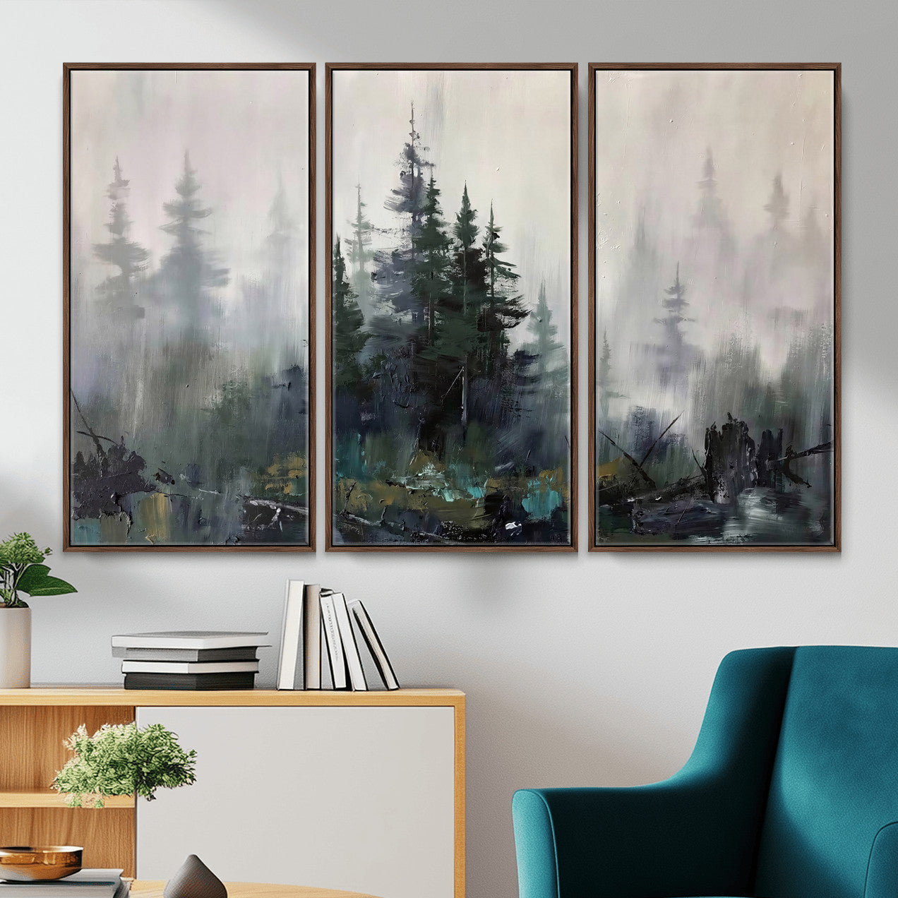 94143325-MGV-CV-36X24 - Misty Pine Forest Oil Painting Canvas — Dark Moody Teal Grey Tree Print | Japandi Scandinavian Wall Art | Minimalist Nature Decor Gift