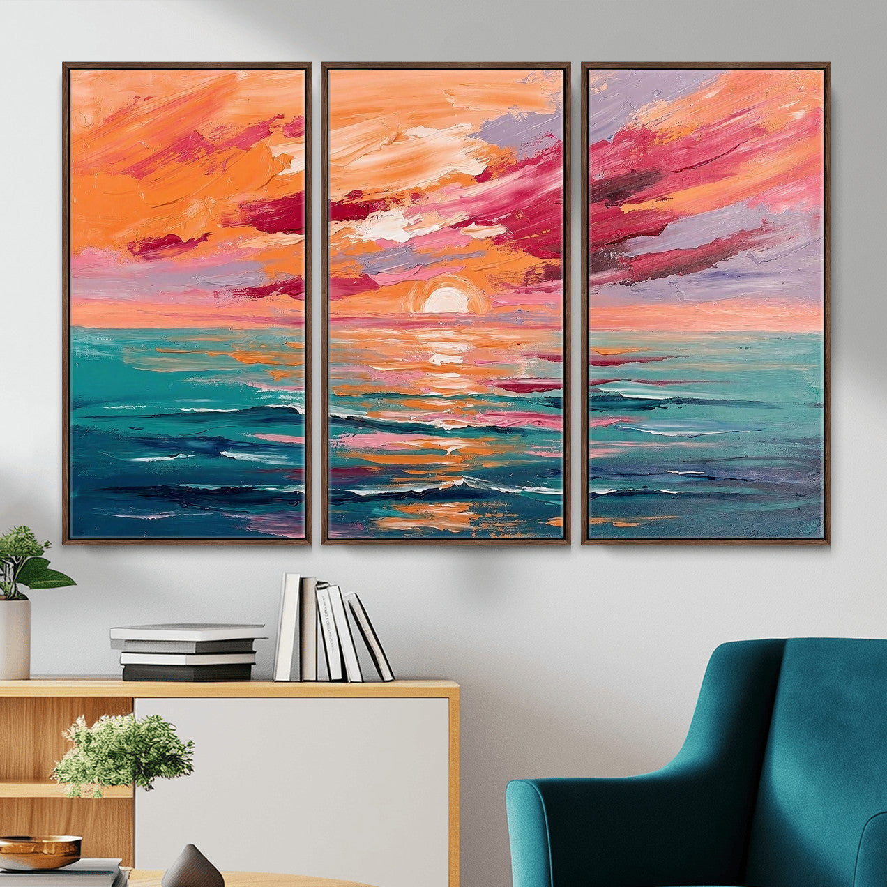 26763902-MGV-CV-36X24 - Bold Palette Knife Ocean Sunset Canvas — Orange Pink Teal Expressionist Sea Print | Colorful Coastal Wall Art | Vibrant Beach Decor Gift