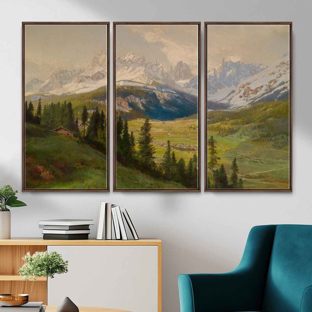 23120262-MGV-CV-36X24 - Konrad Petrides Sexten Village Canvas Print, Alpine Mountain Valley Painting, Dolomites Landscape Art