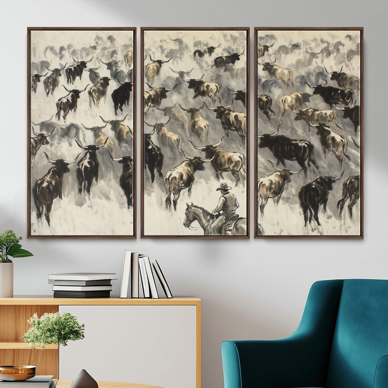 48049876-MGV-CV-36X24 - Cowboy Cattle Drive Canvas Wall Art, Western Longhorn Herd Ink Painting Print, Ranch Rodeo Decor, Black White Western Art, Large Living Room Art