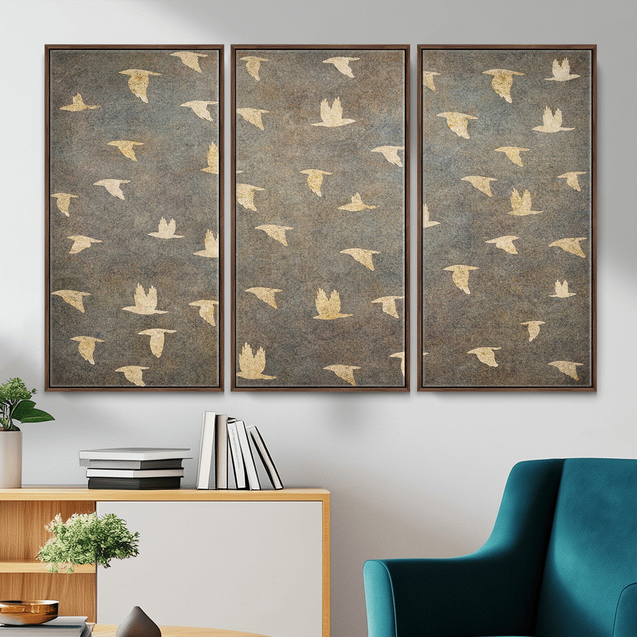 74076164-MGV-CV-36X24 - Flying Birds Canvas Wall Art, Vintage Bird Flock Pattern Print, Grey Gold Abstract Nature Decor, Rustic Bird Silhouette Art, Boho Living Room Decor