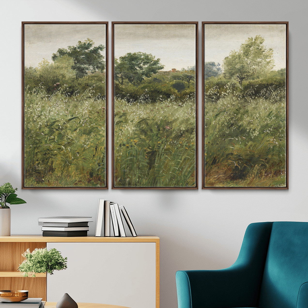 92328261-MGV-CV-36X24 - Wildflower Meadow Canvas Wall Art, Impressionist Overgrown Field Painting Print, Vintage Green Nature Decor, Cottagecore Botanical Art, Living Room Print