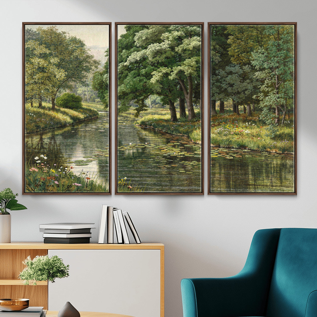 44288560-MGV-CV-36X24 - Forest Stream Canvas Wall Art, Peder Monsted A Forest Stream 1905 Print, Danish Realist Landscape, Lily Pad River Nature Decor, Vintage Green Painting