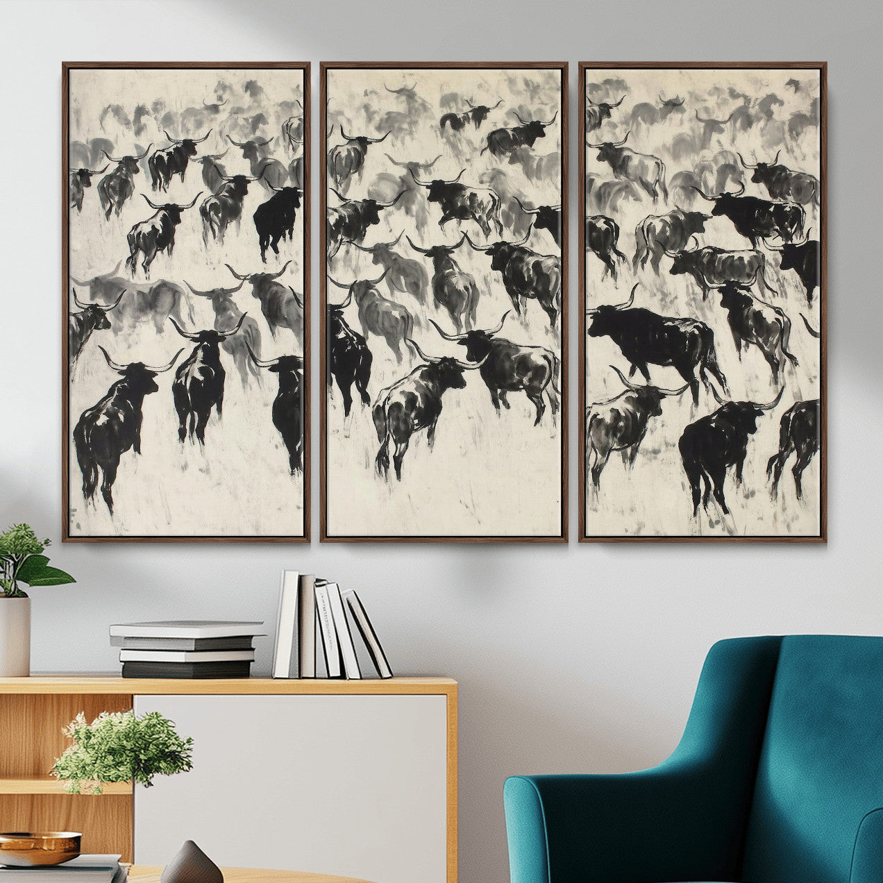 68669792-MGV-CV-36X24 - Longhorn Cattle Canvas Wall Art, Black White Stampede Ink Painting Print, Western Farmhouse Decor, Bull Herd Art, Large Living Room Wall Art, Ranch Home Decor