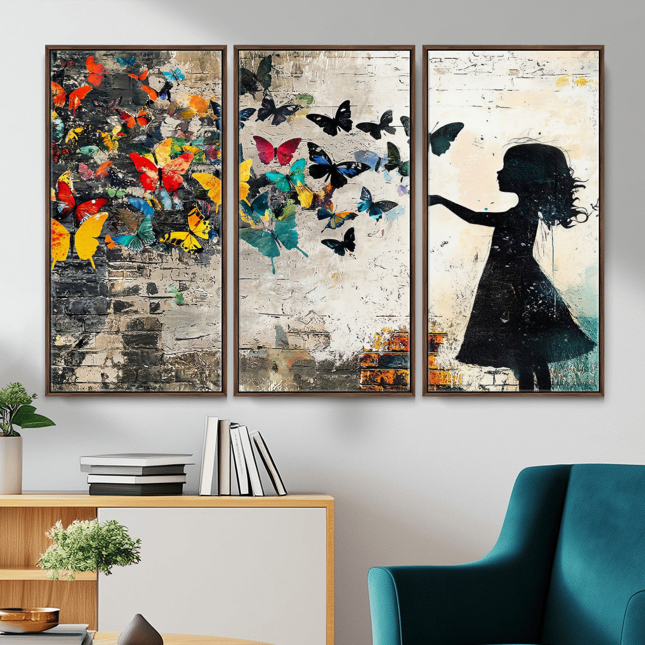 33909022-MGV-CV-36X24 - Banksy Butterfly Girl Wall Art Canvas Print, Framed Street Art Silhouette Graffiti Artwork, Colorful Butterfly Wall Decor for Living Room Bedroom Office
