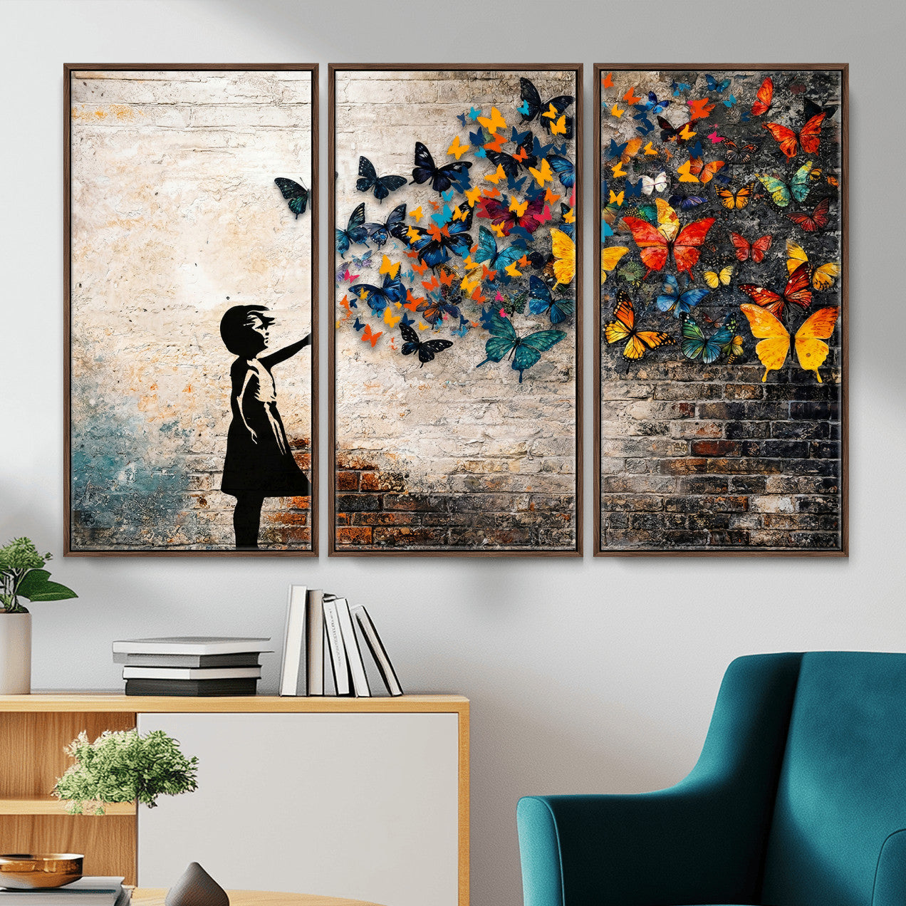 78760384-MGV-CV-36X24 - Banksy Graffiti Butterfly Girl Wall Art Canvas Print, Framed Street Art Canvas Print, Silhouette Butterfly Wall Art for Living Room Bedroom Office