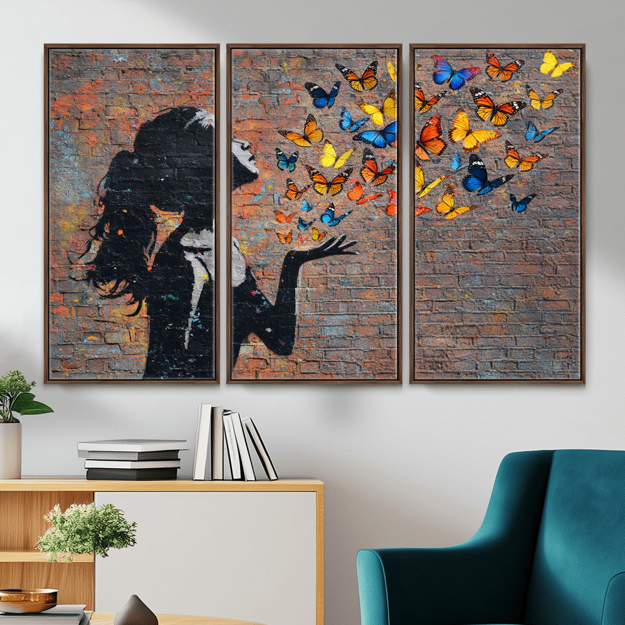 10555939-MGV-CV-36X24 - Urban Banksy Butterfly Girl Wall Art Canvas Print, Framed Street Art Canvas Print, Graffiti Silhouette Butterfly Wall Art for Living Room Bedroom Office