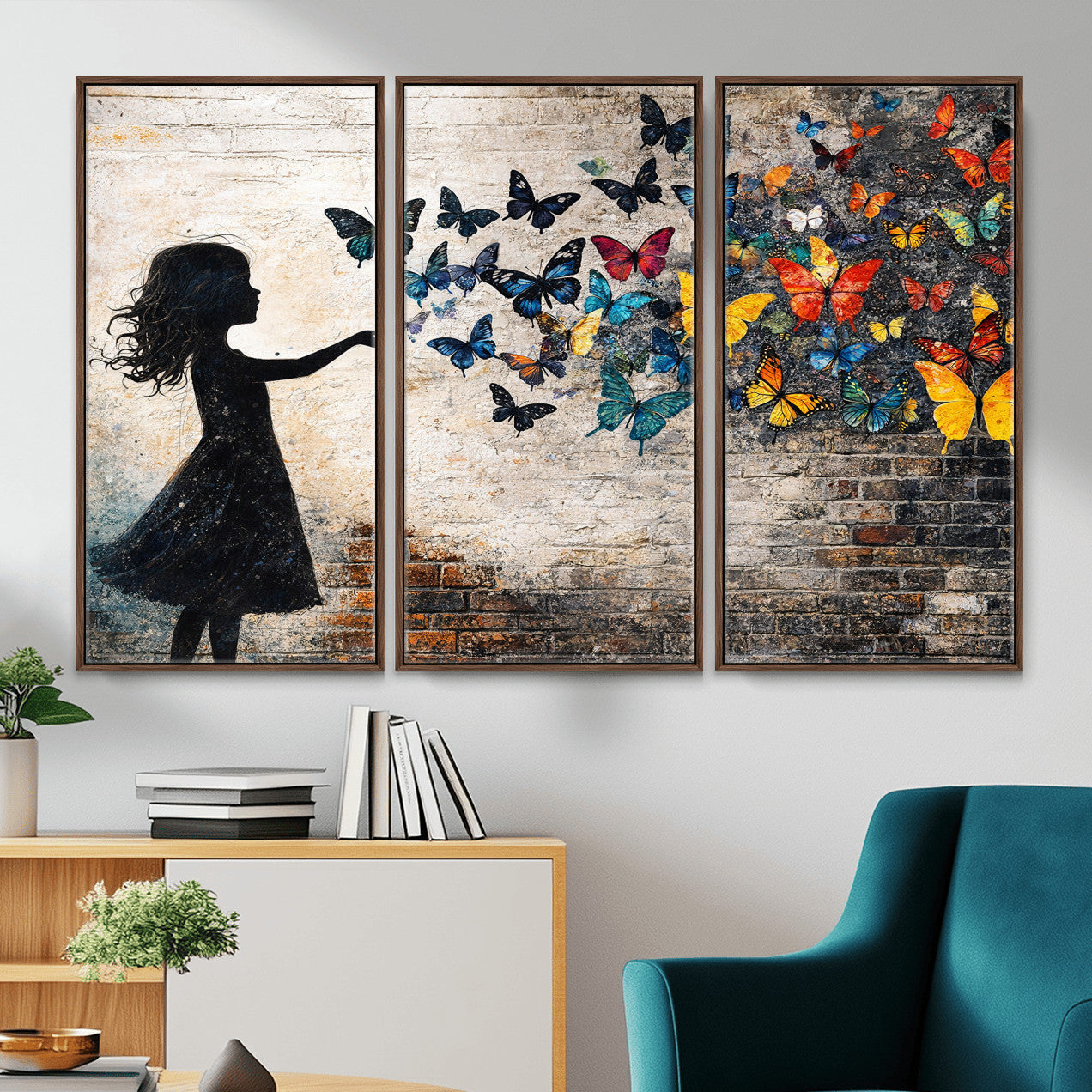 70522594-MGV-CV-36X24 - Banksy Butterfly Girl Wall Art Canvas Print, Framed Street Art Canvas Print, Graffiti Silhouette Butterfly Wall Art for Living Room Bedroom Office