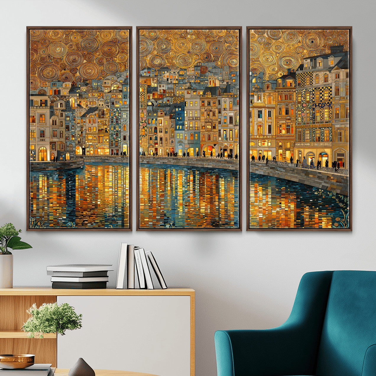 94022787-MGV-CV-36X24 - Gustav Klimt Golden Cityscape Wall Art Canvas Print, Framed River Town Landscape Artwork, Ornate Architecture Wall Decor for Living Room Bedroom Office