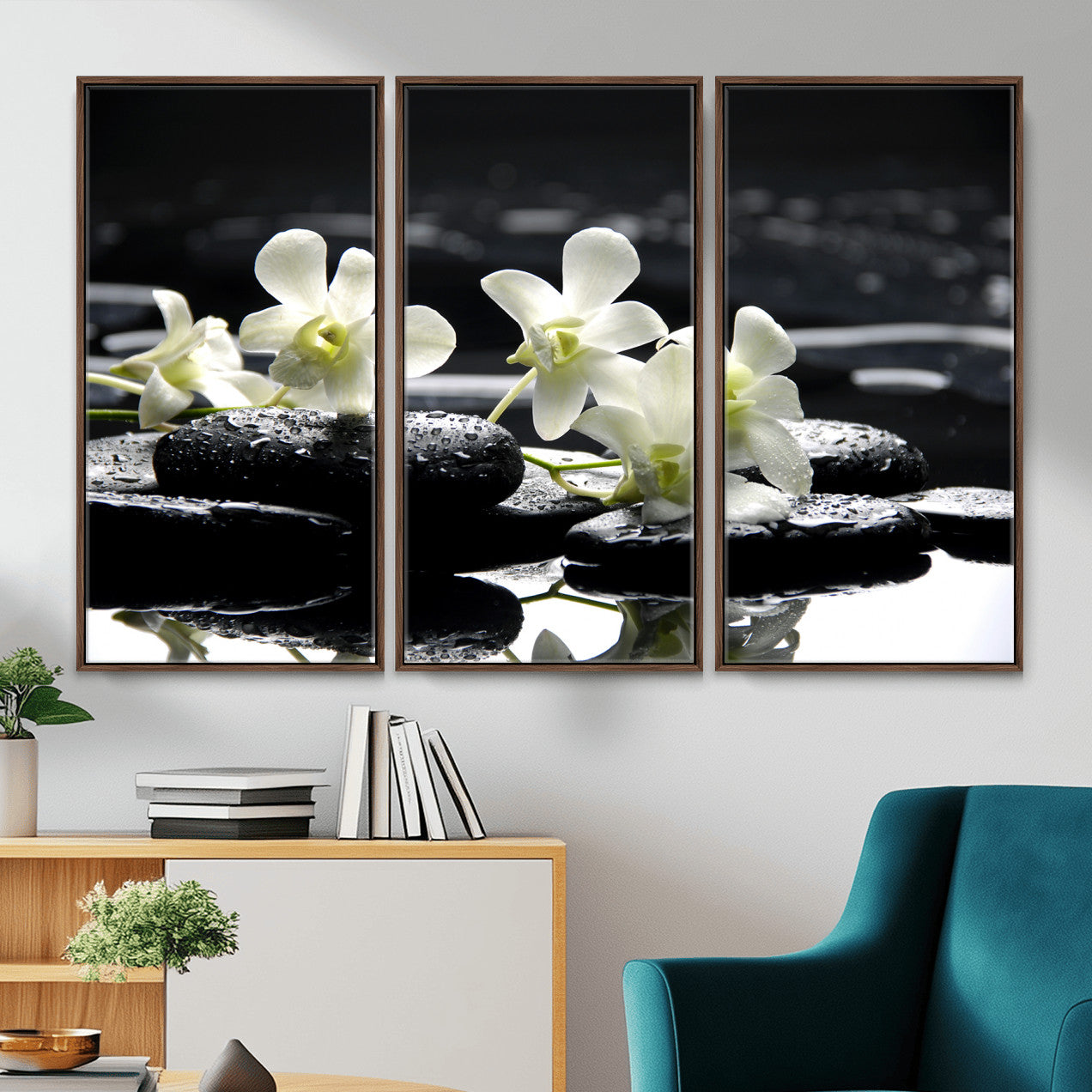 79486206-MGV-CV-36X24 - Plumeria Frangipani Black Stone Canvas | White Flower Spa Photography Print | Tropical Zen Wall Art | Grey Pebble Floral for Meditation Room Decor