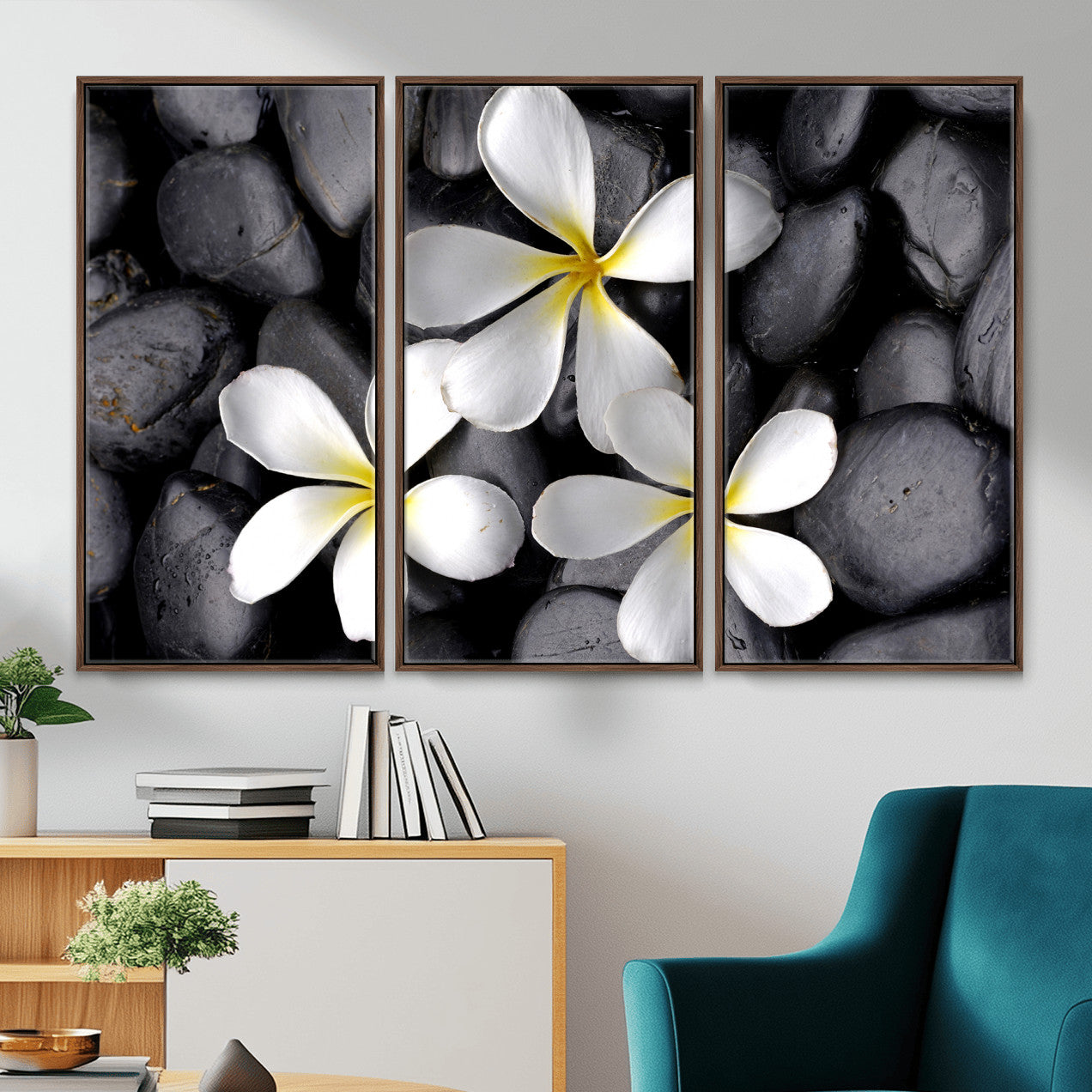 43639613-MGV-CV-36X24 - Plumeria Frangipani Black Stone Canvas | White Flower Spa Photography Print | Tropical Zen Wall Art | Grey Pebble Floral Decor