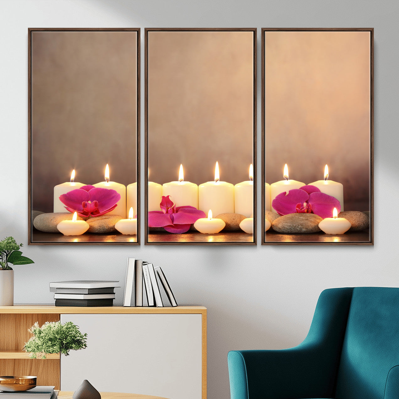 59470569-MGV-CV-36X24 - Spa Candles Orchid Canvas Print | Zen Wellness Relaxation Wall Art | Pink Flower Candlelight Bathroom Decor | Calm Beige Photography