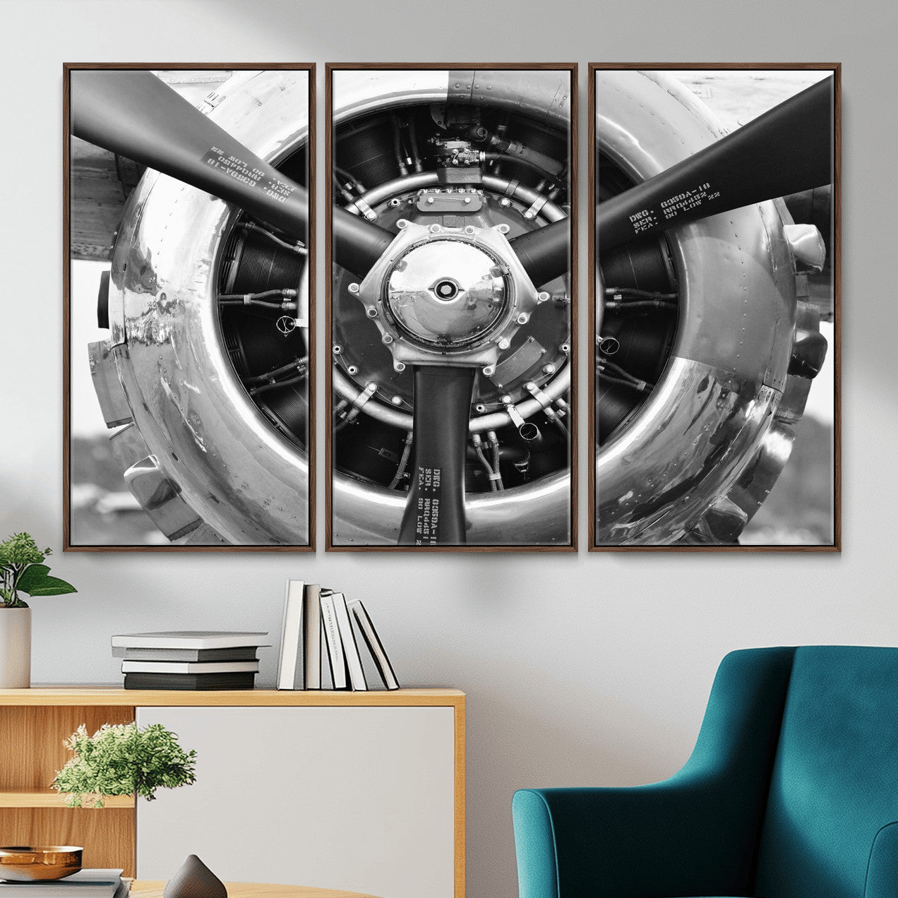 73322230-MGV-CV-36X24 - Vintage Propeller Plane Wall Art Canvas Print, Black and White Airplane Engine Close Up Framed Aviation Artwork for Pilot Office Hangar Decor