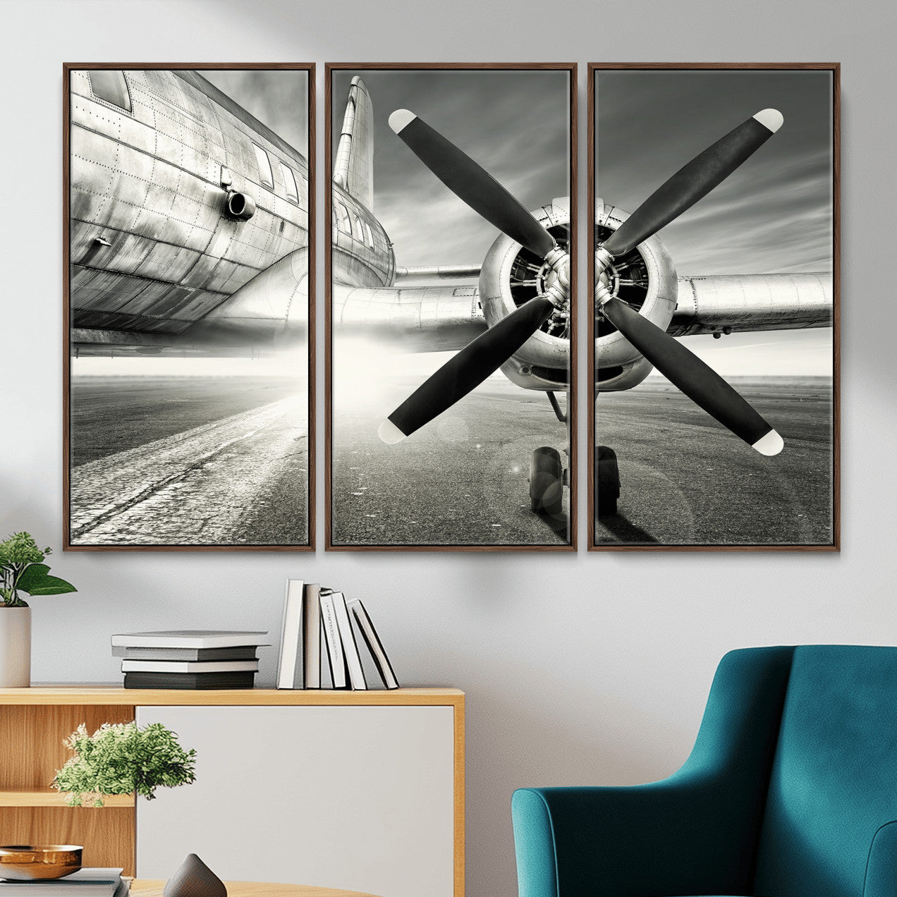 16420255-MGV-CV-36X24 - Vintage Airplane Wall Art Canvas Print, Black and White Propeller Aircraft Framed Aviation Artwork for Pilot Office Hangar Living Room Decor
