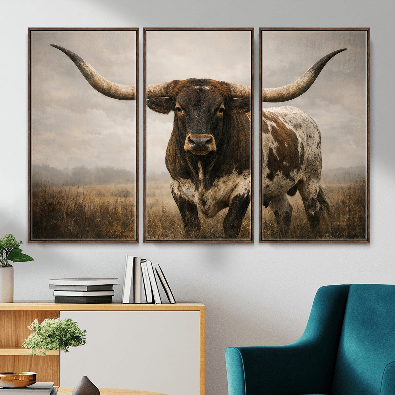 17622011L-MGV-CV-36X24 - Longhorn Bull Wall Art Canvas Print, Western Farmhouse Cowboy Decor, Rustic Texas Ranch Cattle Artwork for Living Room Bedroom Office, Framed Wall Decor