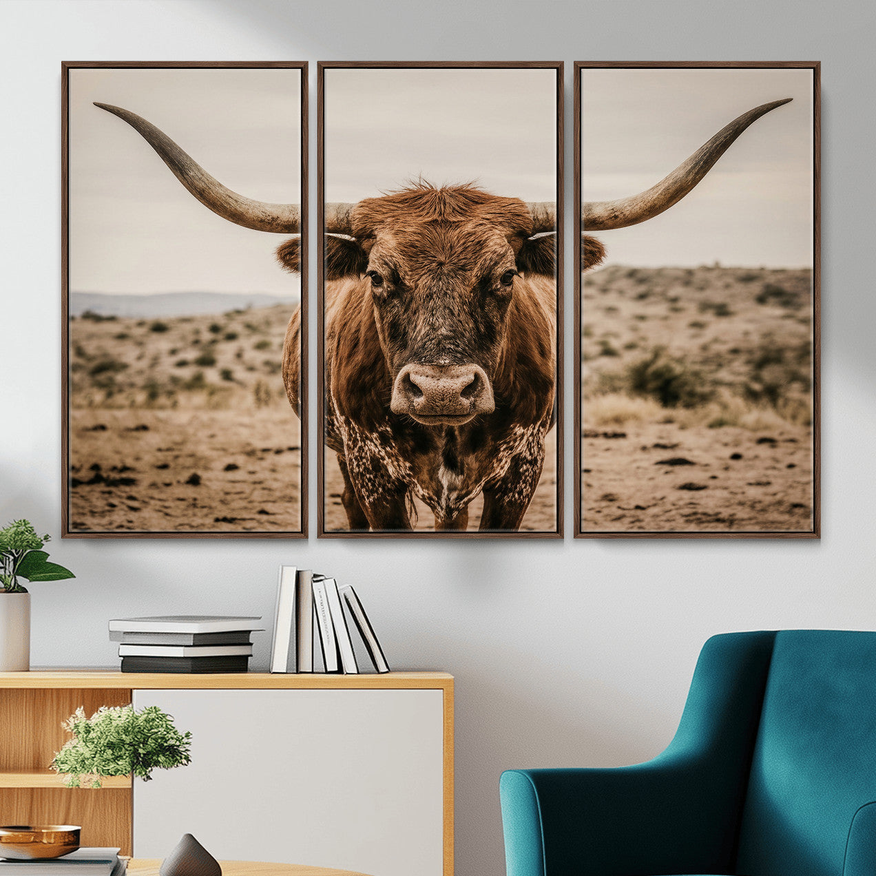 17622011K-MGV-CV-36X24 - Texas Longhorn Bull Wall Art Canvas Print, Western Farmhouse Cowboy Decor, Rustic Texas Ranch Cattle Artwork for Living Room Bedroom Office, Framed Wall Decor